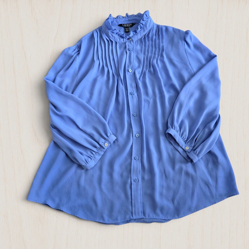 Lauren Ralph Lauren Blue Pintuck Ruffle Neck Button Front Blouse XL